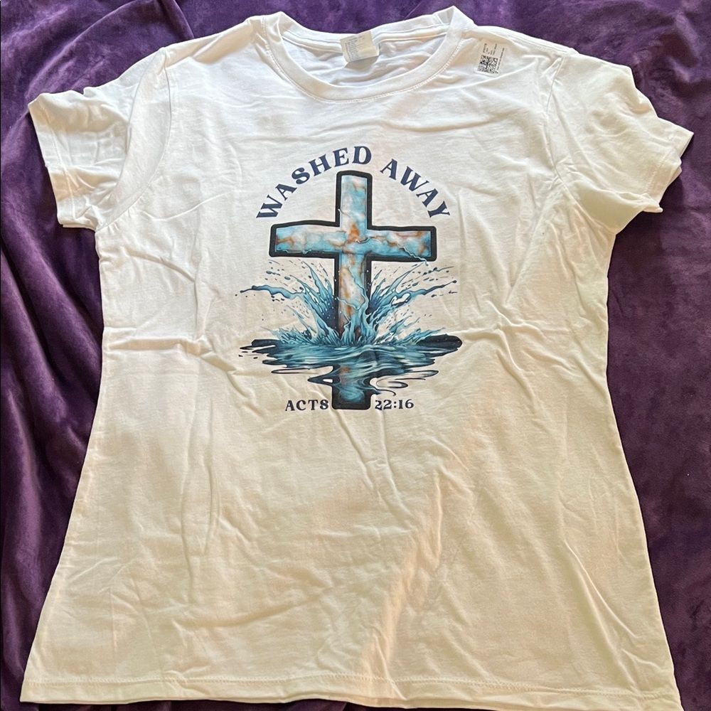 Washed Away Baptismal Cross Acts 22:16 Tshirt (Ladies M)